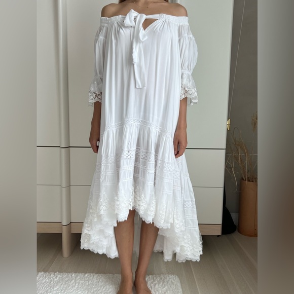 White Midi Boho Style Dress with lace. Handmade. S-M Size - Picture 4 of 14